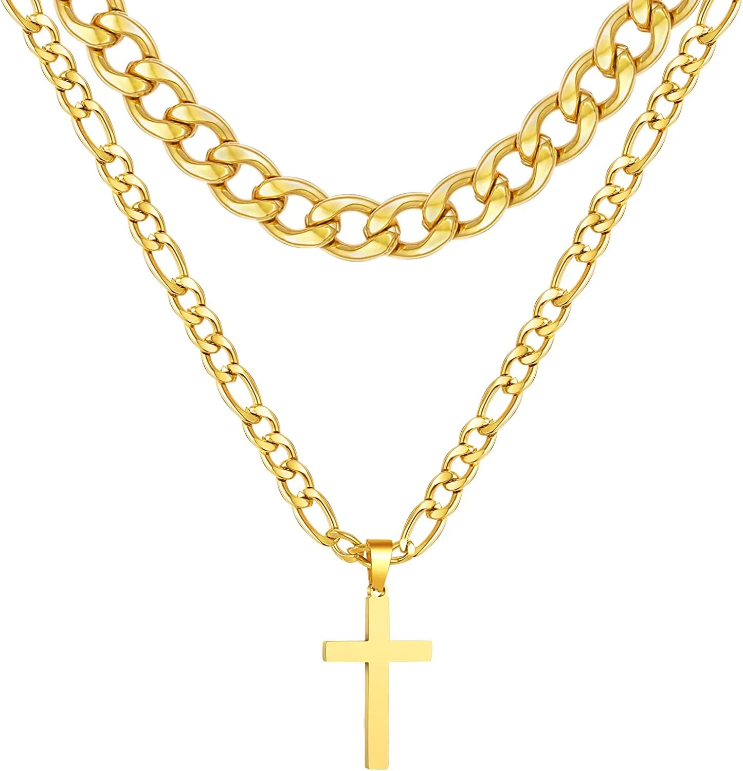 Layered Black Cross Necklace for Men Stainless Steel Cuban Figaro Layering Chains Cross Pendant Necklaces Set Religious Christian Jewelry Gifts